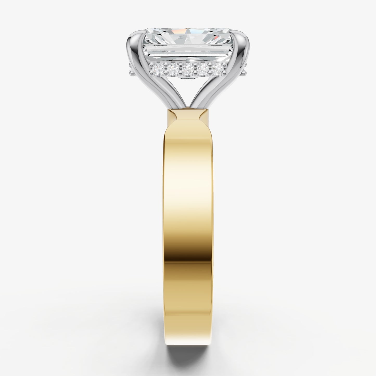 Radiant Flat Profile Solitaire Engagement Ring with Hidden Halo