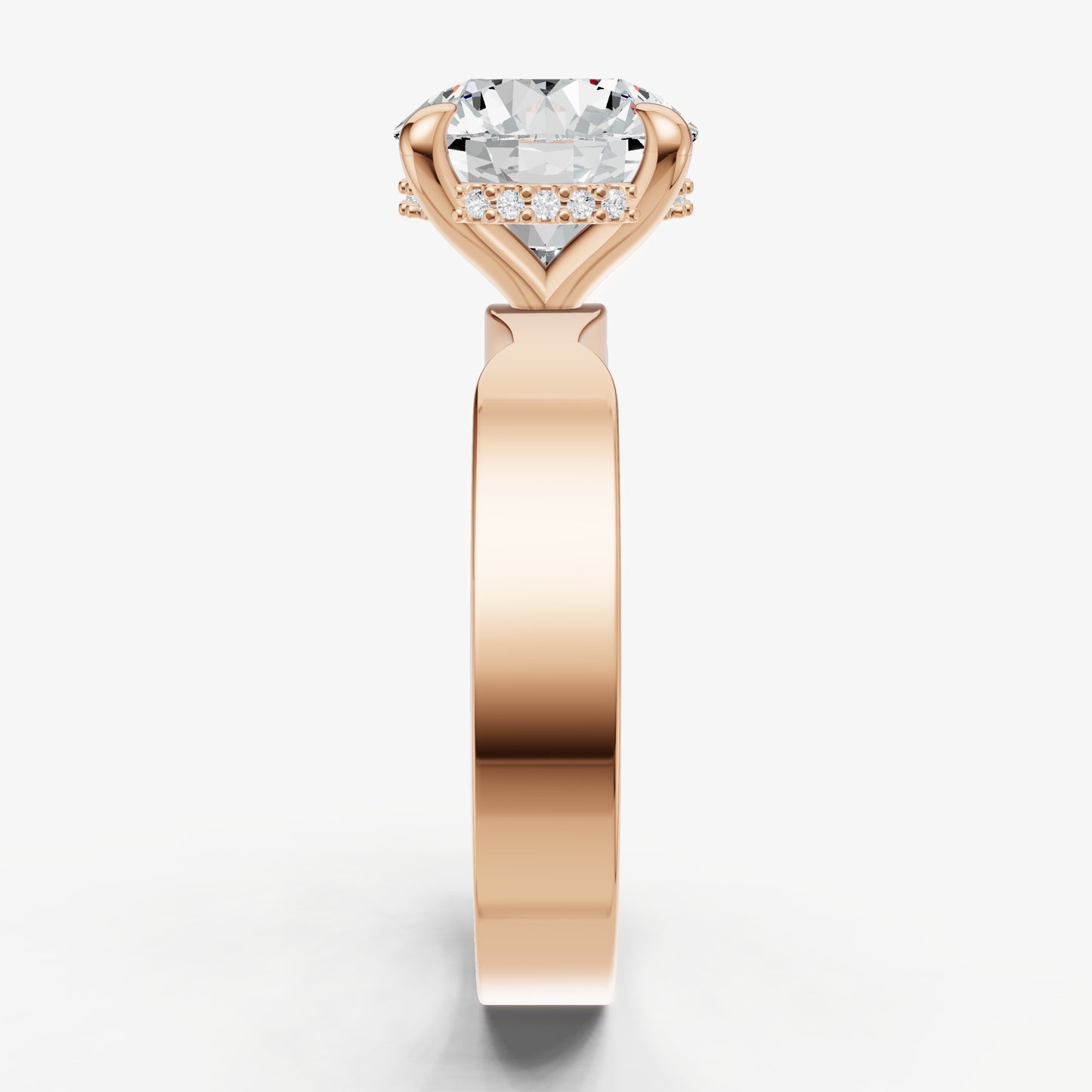 Round Flat Profile Solitaire Engagement Ring with Hidden Halo