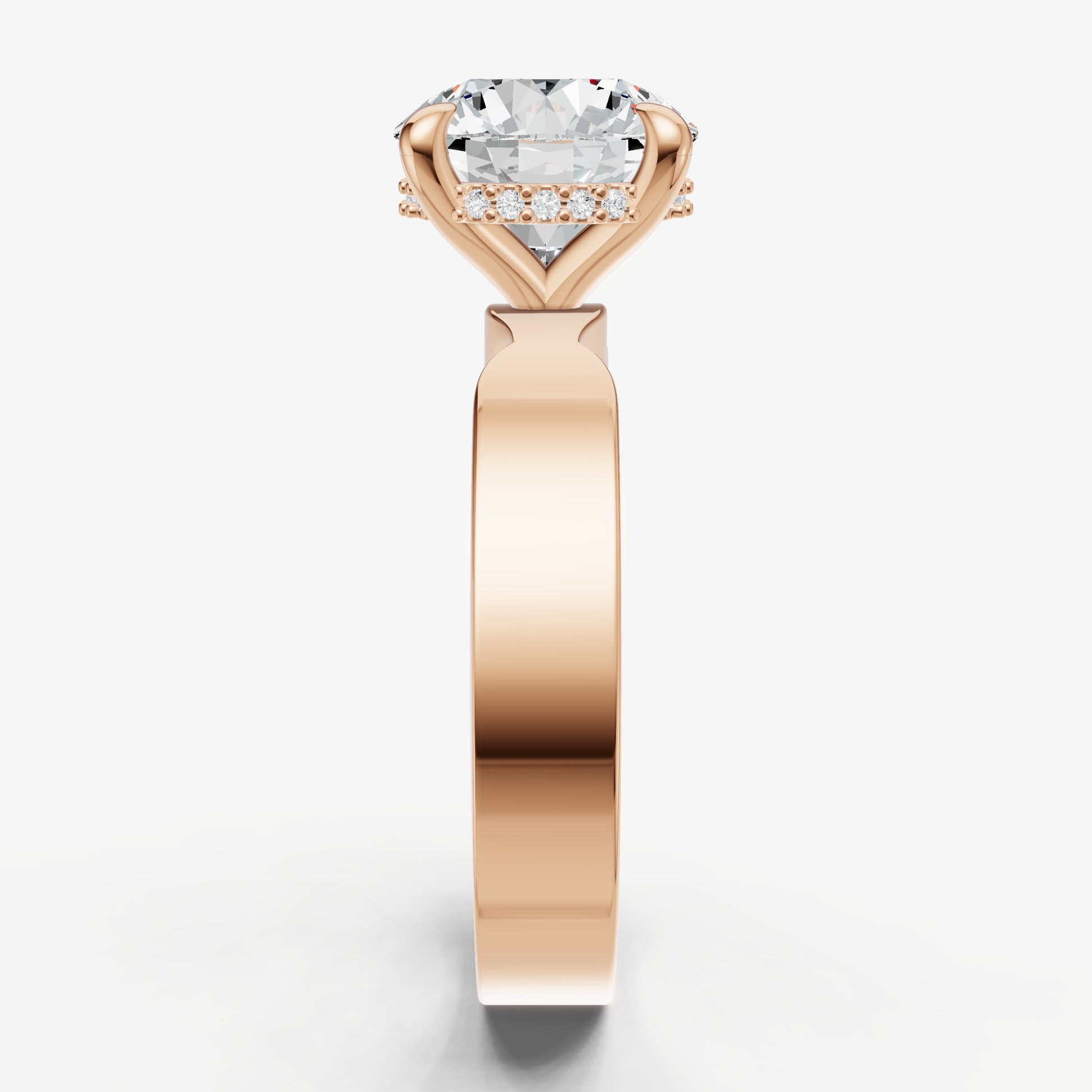 Round Flat Profile Solitaire Engagement Ring with Hidden Halo