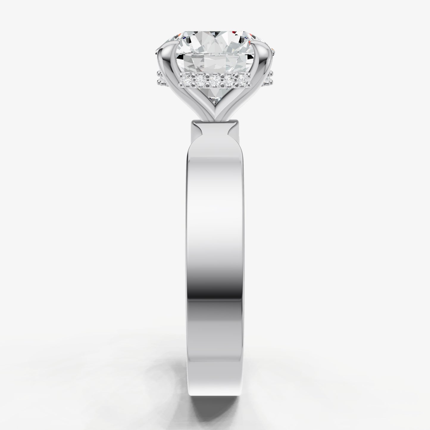 Round Flat Profile Solitaire Engagement Ring with Hidden Halo