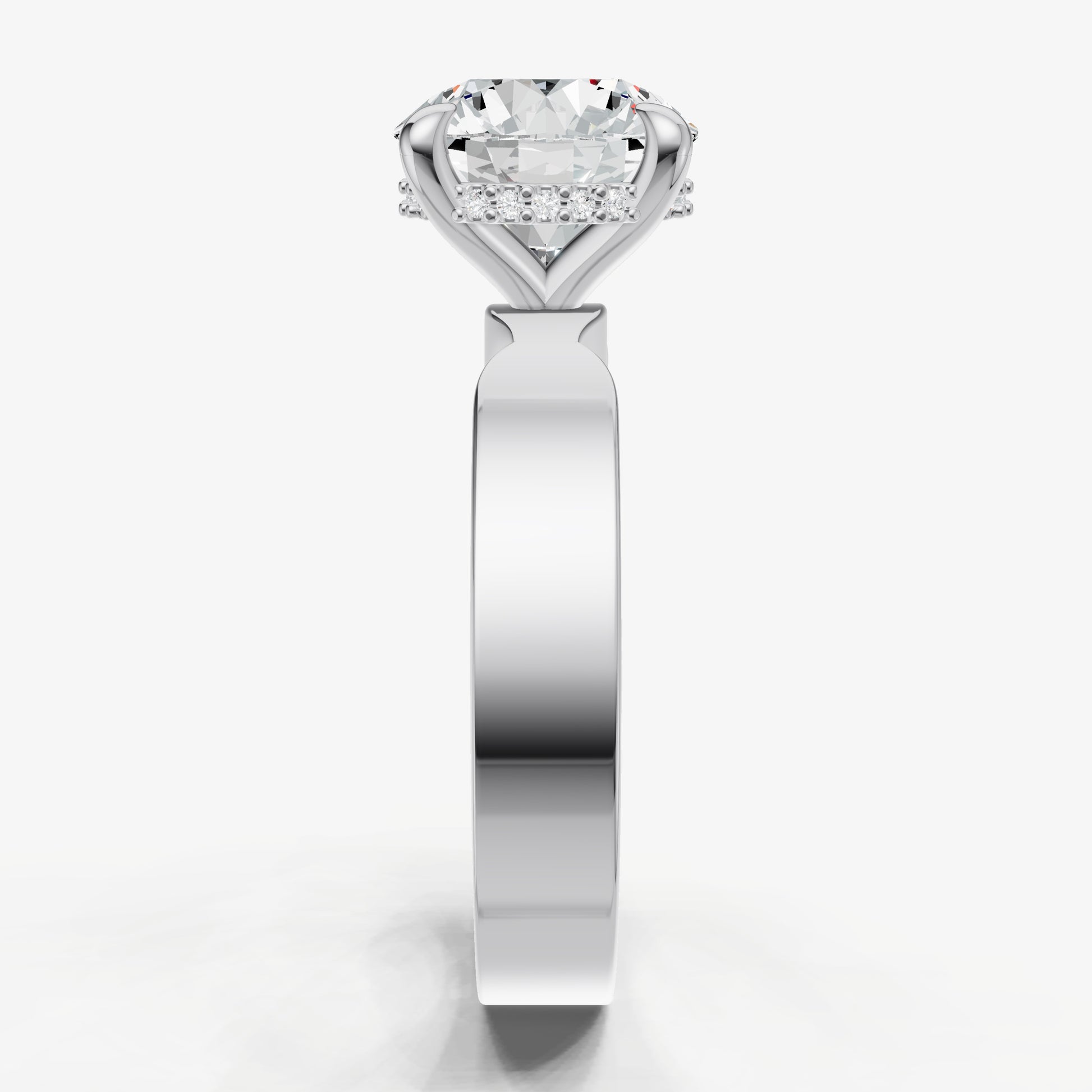 Round Flat Profile Solitaire Engagement Ring with Hidden Halo