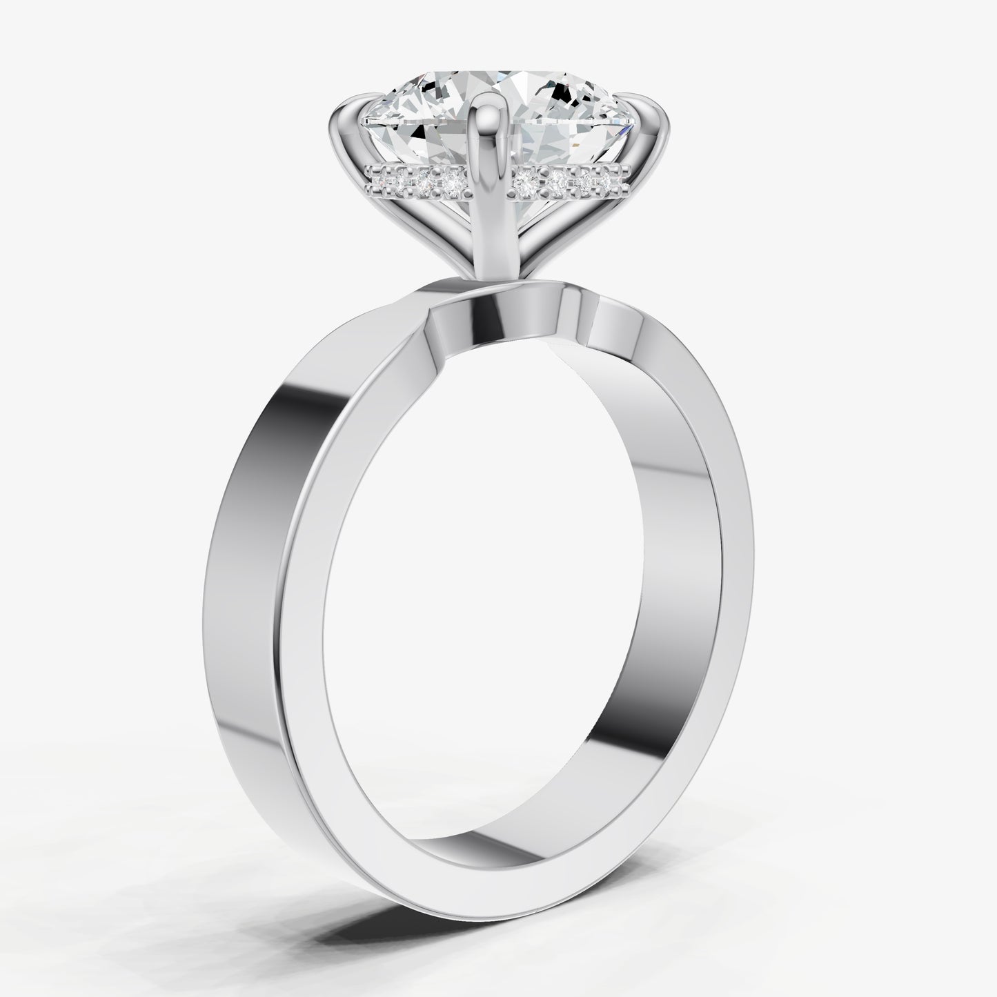 Round Flat Profile Solitaire Engagement Ring with Hidden Halo