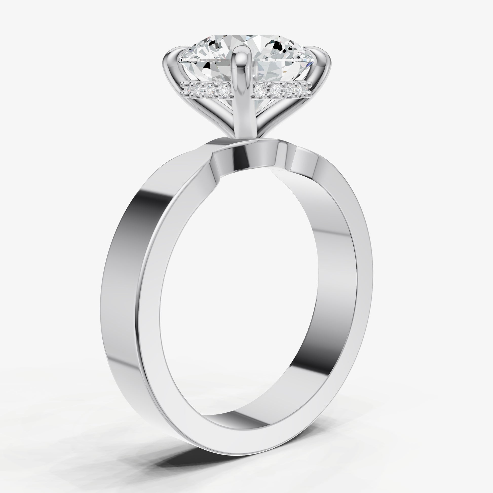 Round Flat Profile Solitaire Engagement Ring with Hidden Halo