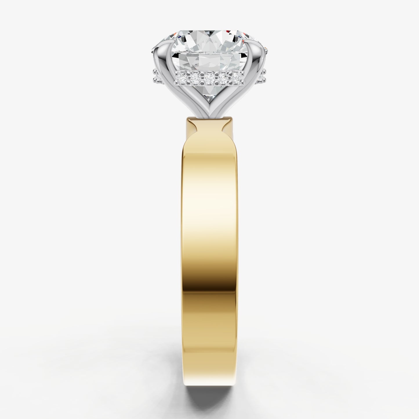 Round Flat Profile Solitaire Engagement Ring with Hidden Halo