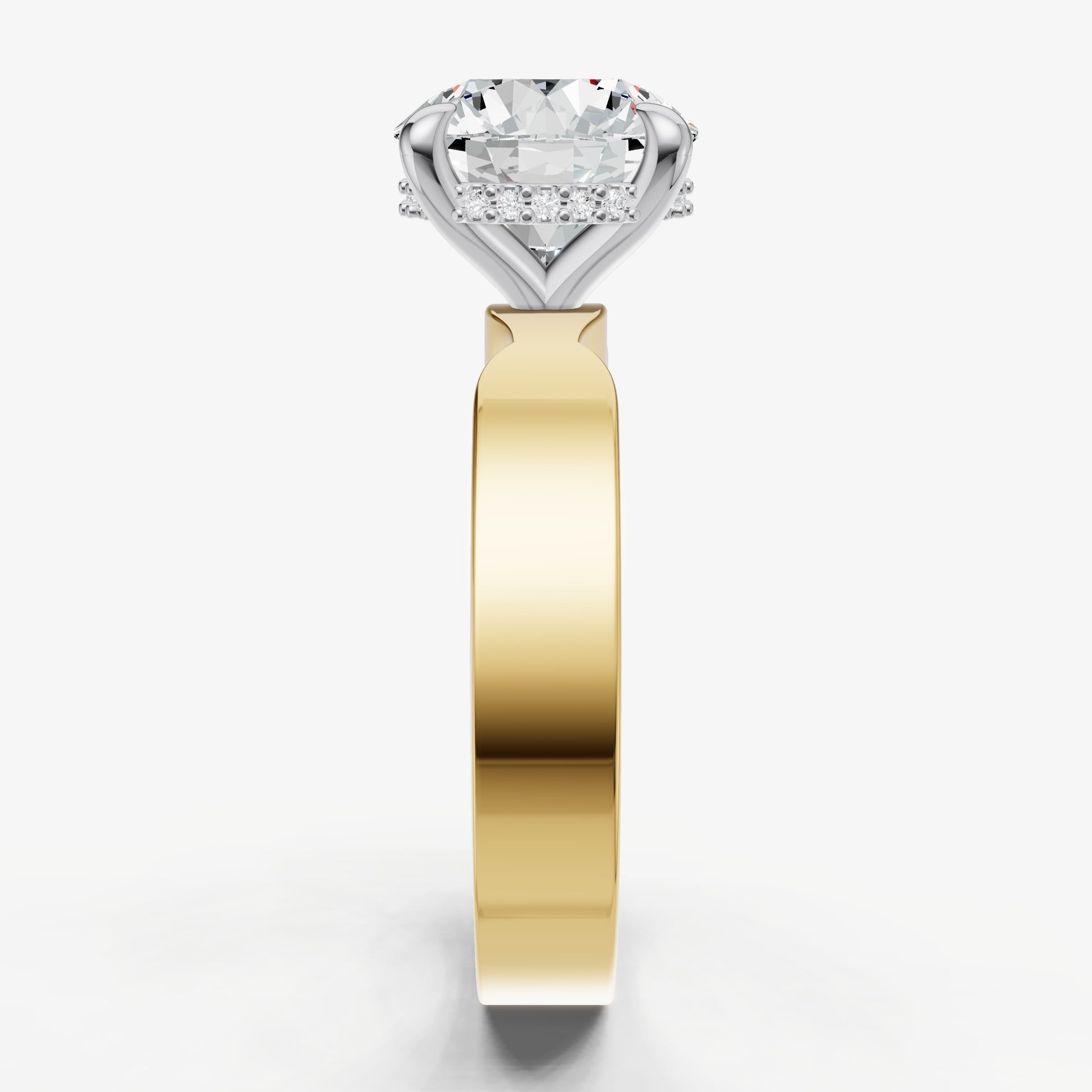 Round Flat Profile Solitaire Engagement Ring with Hidden Halo