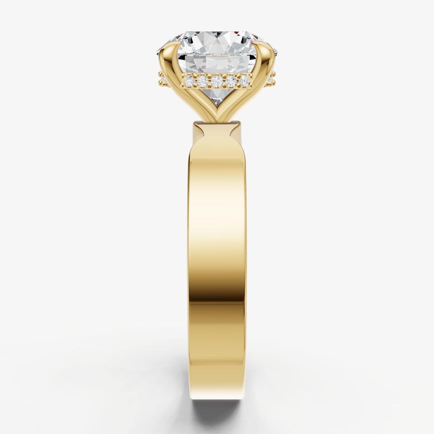 Round Flat Profile Solitaire Engagement Ring with Hidden Halo