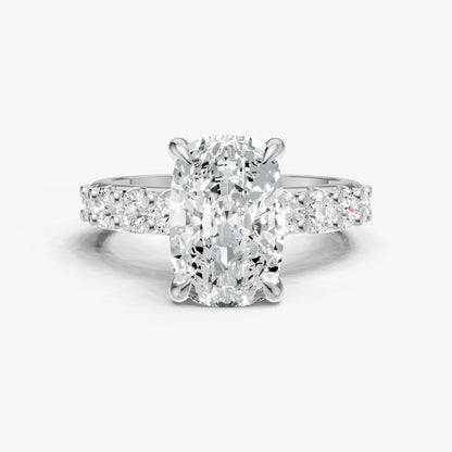 Elongated Cushion Solitaire Engagement Ring with Statement Diamond Band