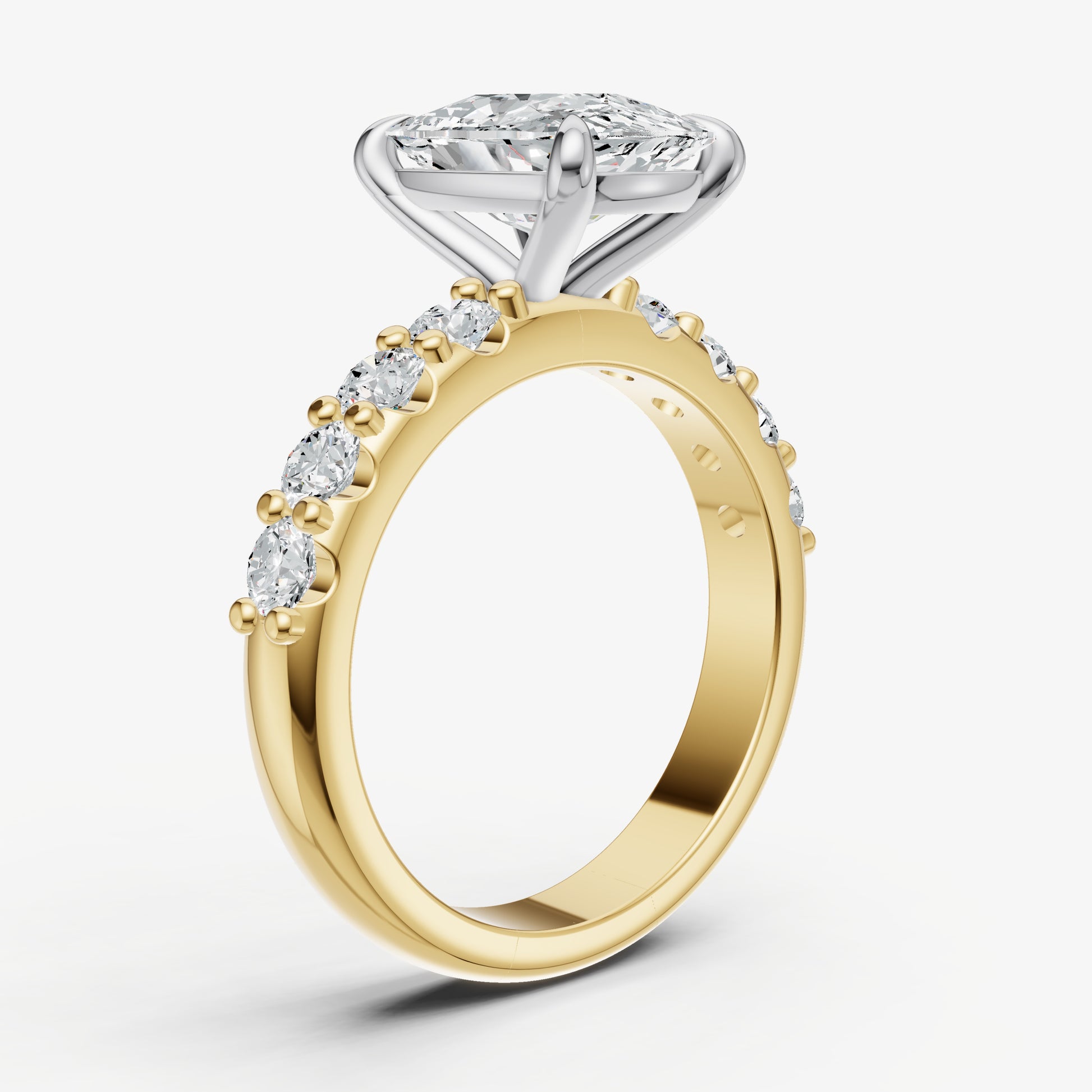 Elongated Cushion Solitaire Engagement Ring with Statement Diamond Band