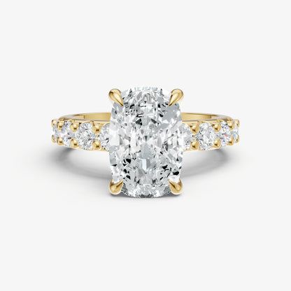 Elongated Cushion Solitaire Engagement Ring with Statement Diamond Band