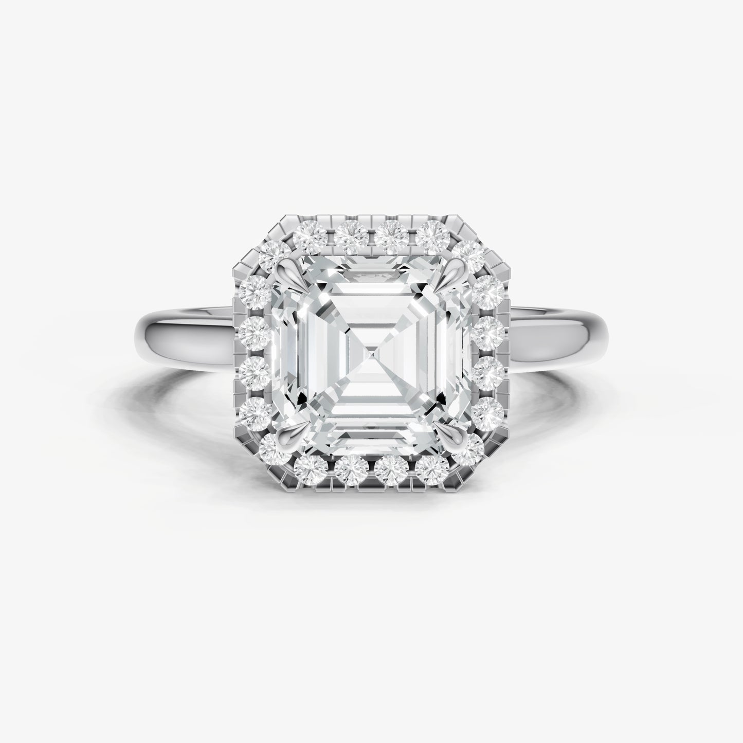 Asscher Solitaire Engagement Ring with Fine Halo Diamond Band