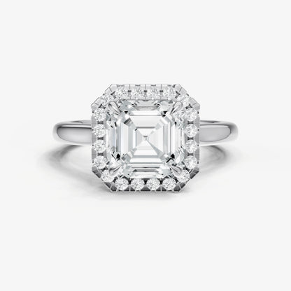 Asscher Solitaire Engagement Ring with Fine Halo Diamond Band