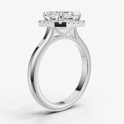 Asscher Solitaire Engagement Ring with Fine Halo Diamond Band