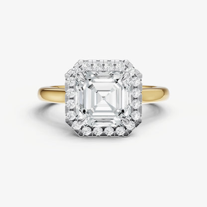 Asscher Solitaire Engagement Ring with Fine Halo Diamond Band