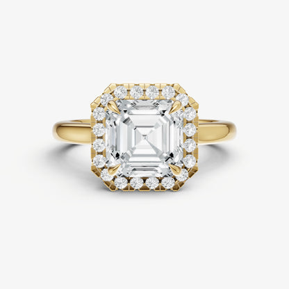 Asscher Solitaire Engagement Ring with Fine Halo Diamond Band