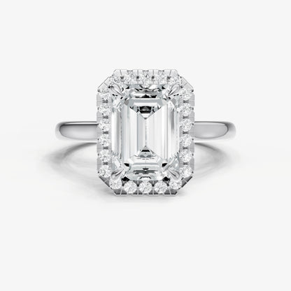 Emerald Solitaire Engagement Ring with Fine Halo Diamond Band