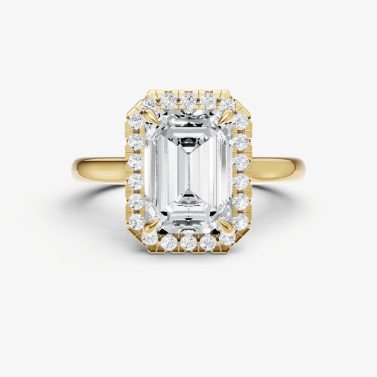 Emerald Solitaire Engagement Ring with Fine Halo Diamond Band