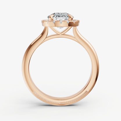 Elongated Cushion Solitaire Engagement Ring with Fine Halo Diamond Band