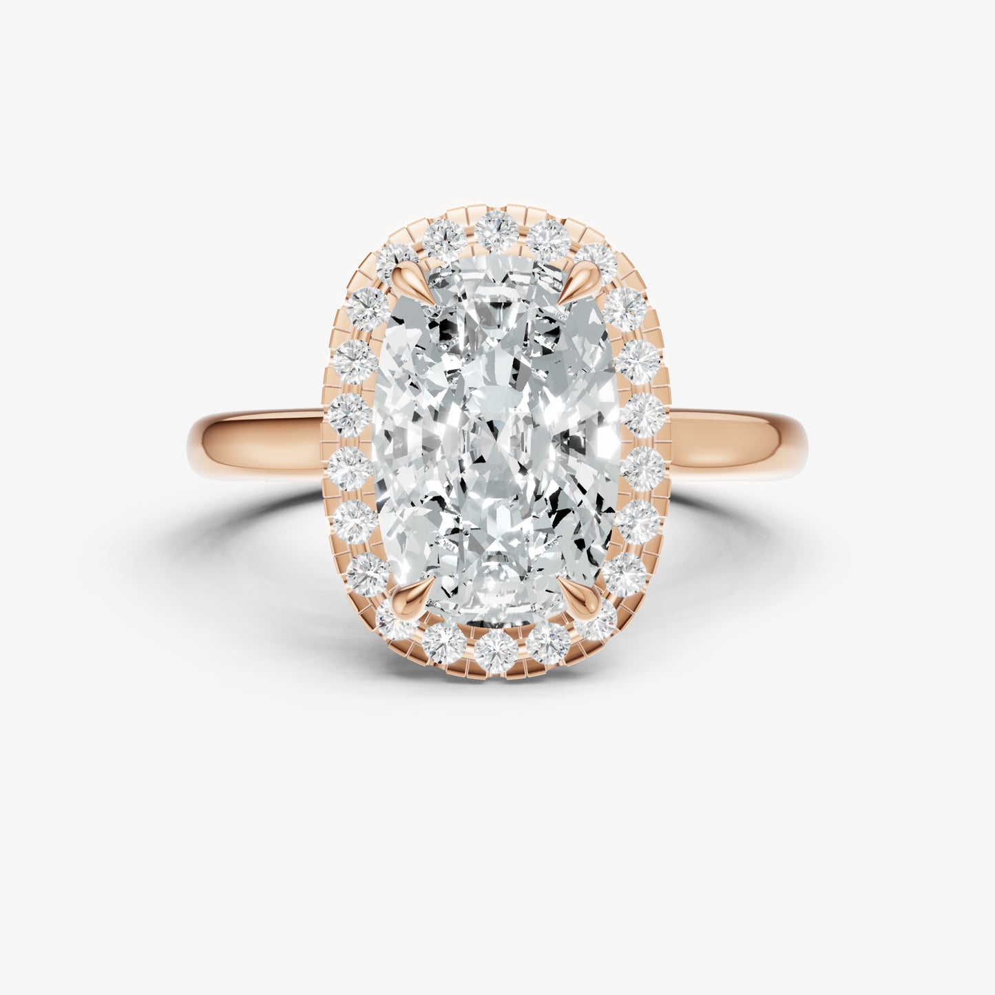 Elongated Cushion Solitaire Engagement Ring with Fine Halo Diamond Band