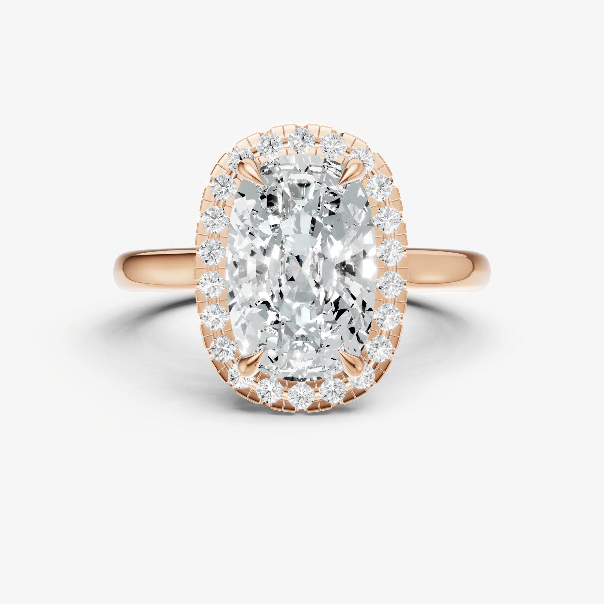 Elongated Cushion Solitaire Engagement Ring with Fine Halo Diamond Band
