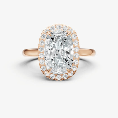 Elongated Cushion Solitaire Engagement Ring with Fine Halo Diamond Band