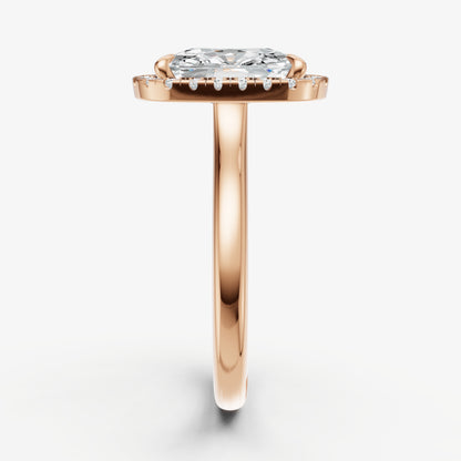 Elongated Cushion Solitaire Engagement Ring with Fine Halo Diamond Band
