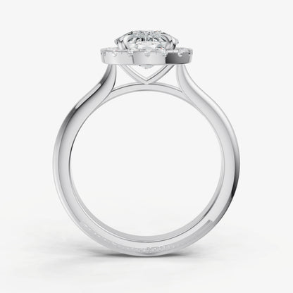 Elongated Cushion Solitaire Engagement Ring with Fine Halo Diamond Band