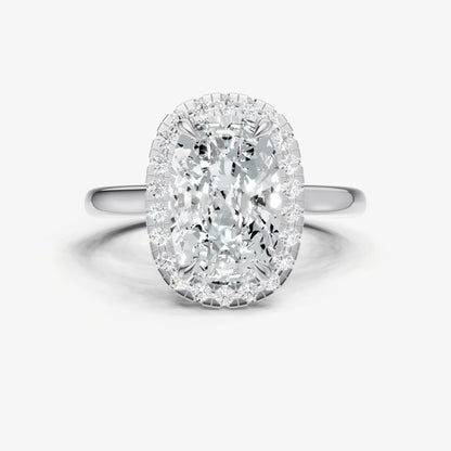 Elongated Cushion Solitaire Engagement Ring with Fine Halo Diamond Band