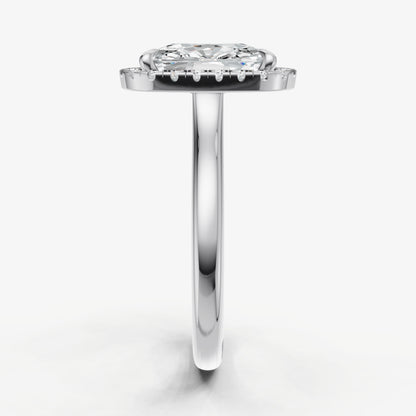 Elongated Cushion Solitaire Engagement Ring with Fine Halo Diamond Band