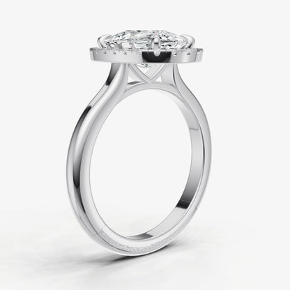 Elongated Cushion Solitaire Engagement Ring with Fine Halo Diamond Band