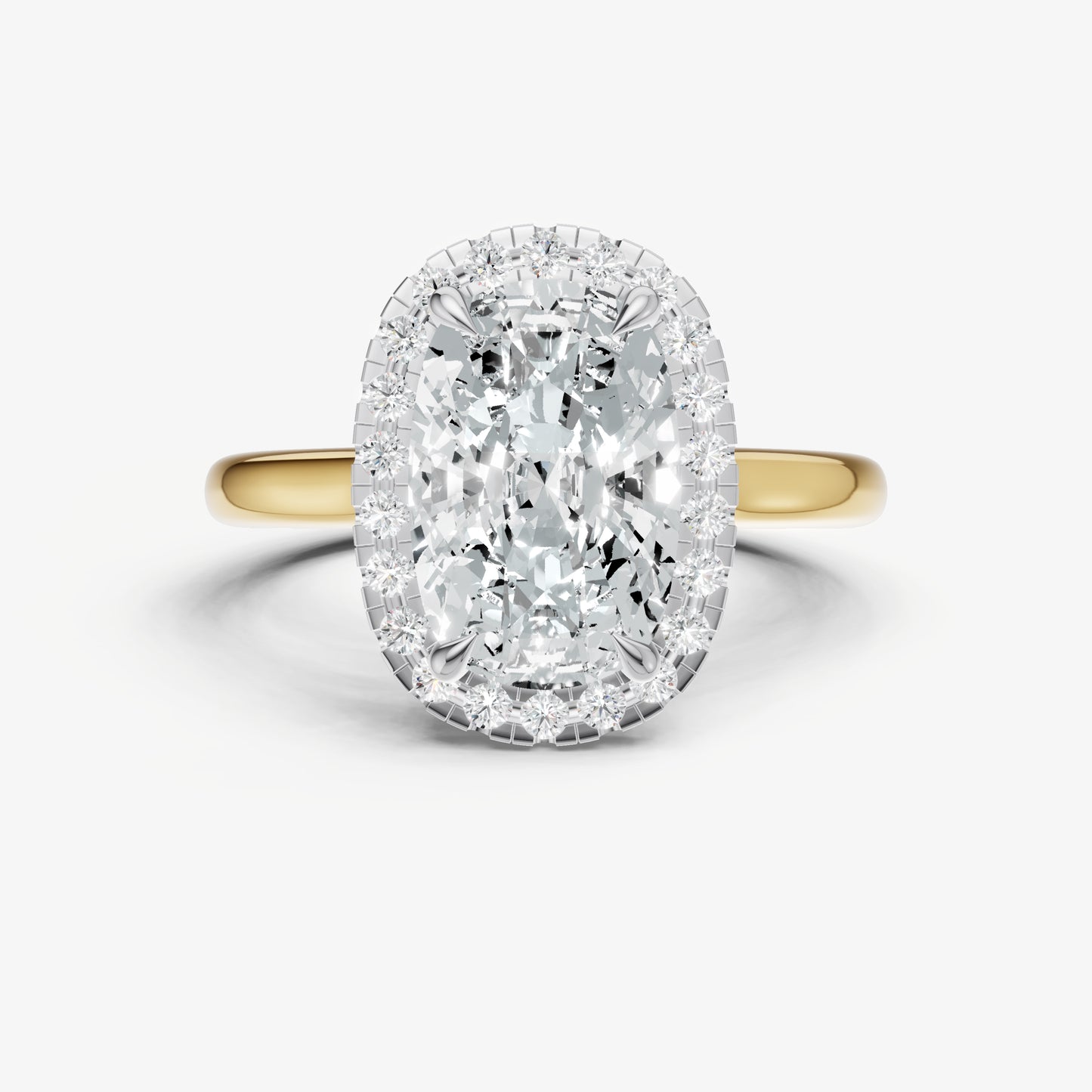 Elongated Cushion Solitaire Engagement Ring with Fine Halo Diamond Band