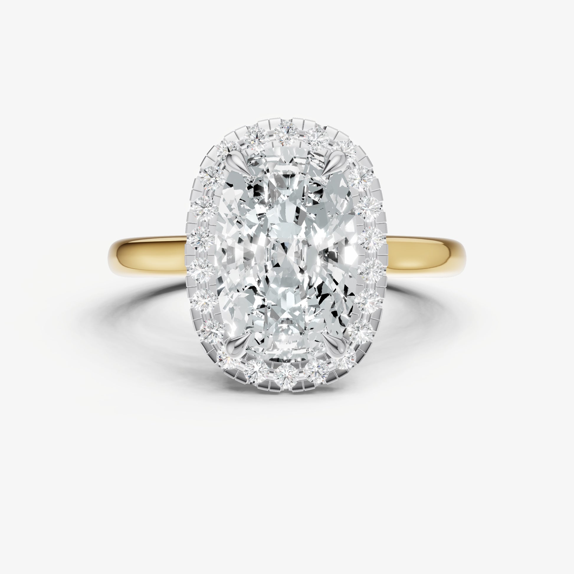 Elongated Cushion Solitaire Engagement Ring with Fine Halo Diamond Band