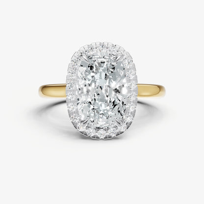 Elongated Cushion Solitaire Engagement Ring with Fine Halo Diamond Band