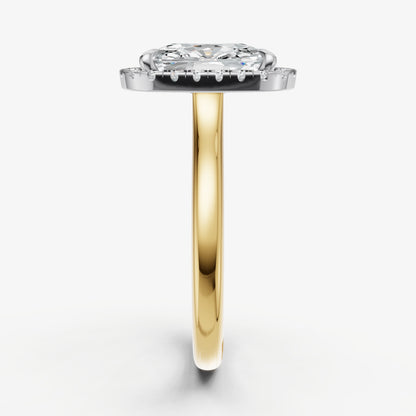 Elongated Cushion Solitaire Engagement Ring with Fine Halo Diamond Band