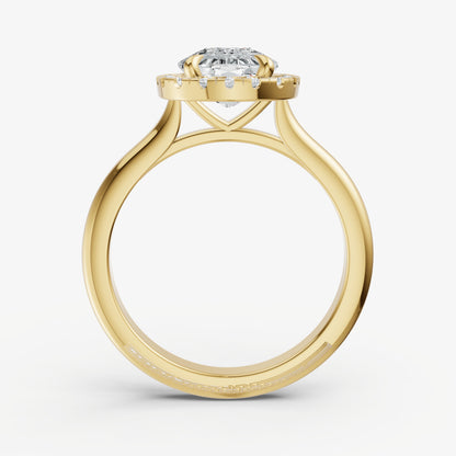 Elongated Cushion Solitaire Engagement Ring with Fine Halo Diamond Band