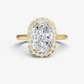 Elongated Cushion Solitaire Engagement Ring with Fine Halo Diamond Band