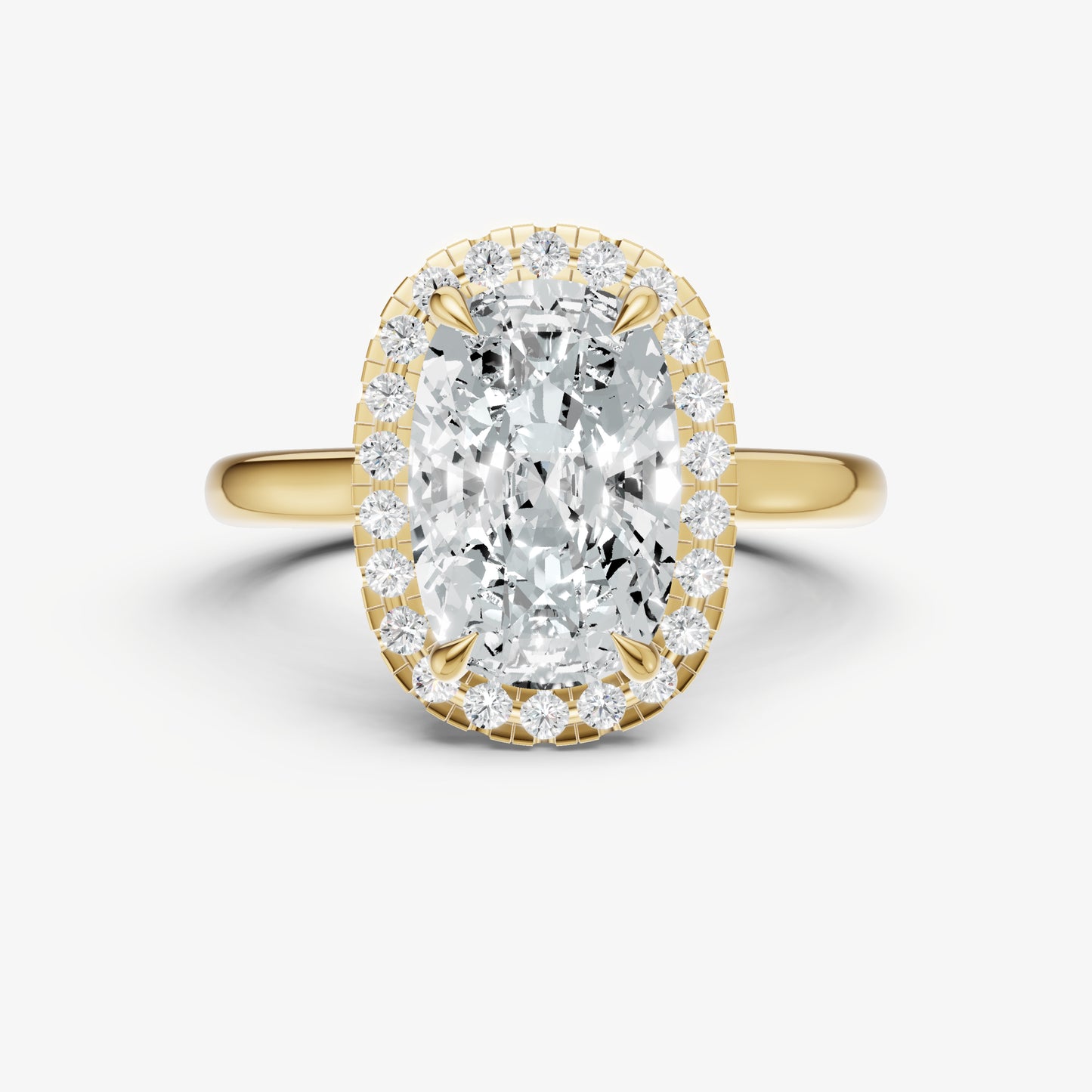 Elongated Cushion Solitaire Engagement Ring with Fine Halo Diamond Band