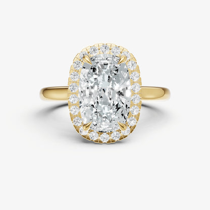Elongated Cushion Solitaire Engagement Ring with Fine Halo Diamond Band