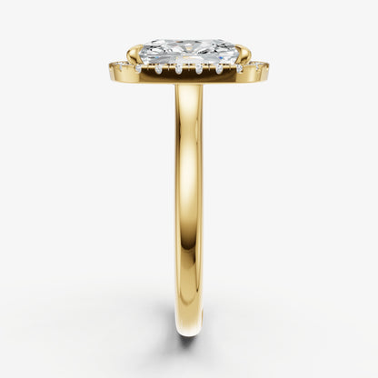 Elongated Cushion Solitaire Engagement Ring with Fine Halo Diamond Band