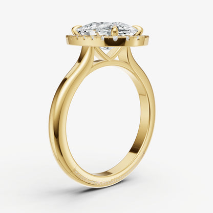 Elongated Cushion Solitaire Engagement Ring with Fine Halo Diamond Band