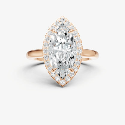 Marquise Solitaire Engagement Ring with Fine Halo Diamond Band