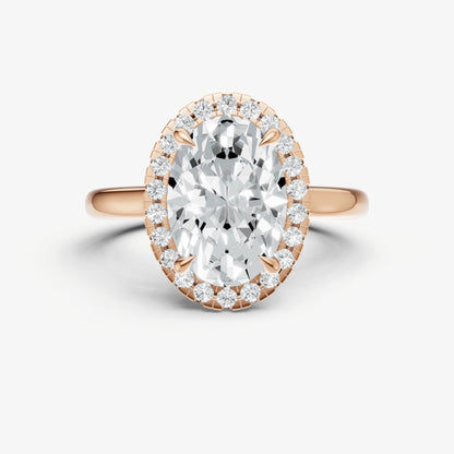 Oval Solitaire Engagement Ring with Fine Halo Diamond Band