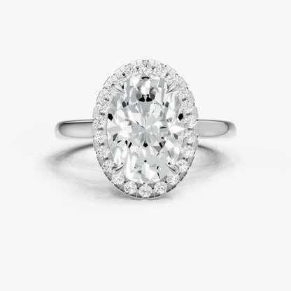 Oval Solitaire Engagement Ring with Fine Halo Diamond Band