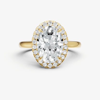 Oval Solitaire Engagement Ring with Fine Halo Diamond Band