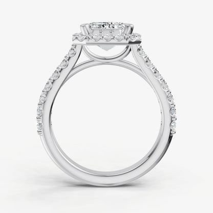 Emerald Halo Solitaire Engagement Ring with Diamond Band