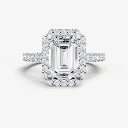 Emerald Halo Solitaire Engagement Ring with Diamond Band