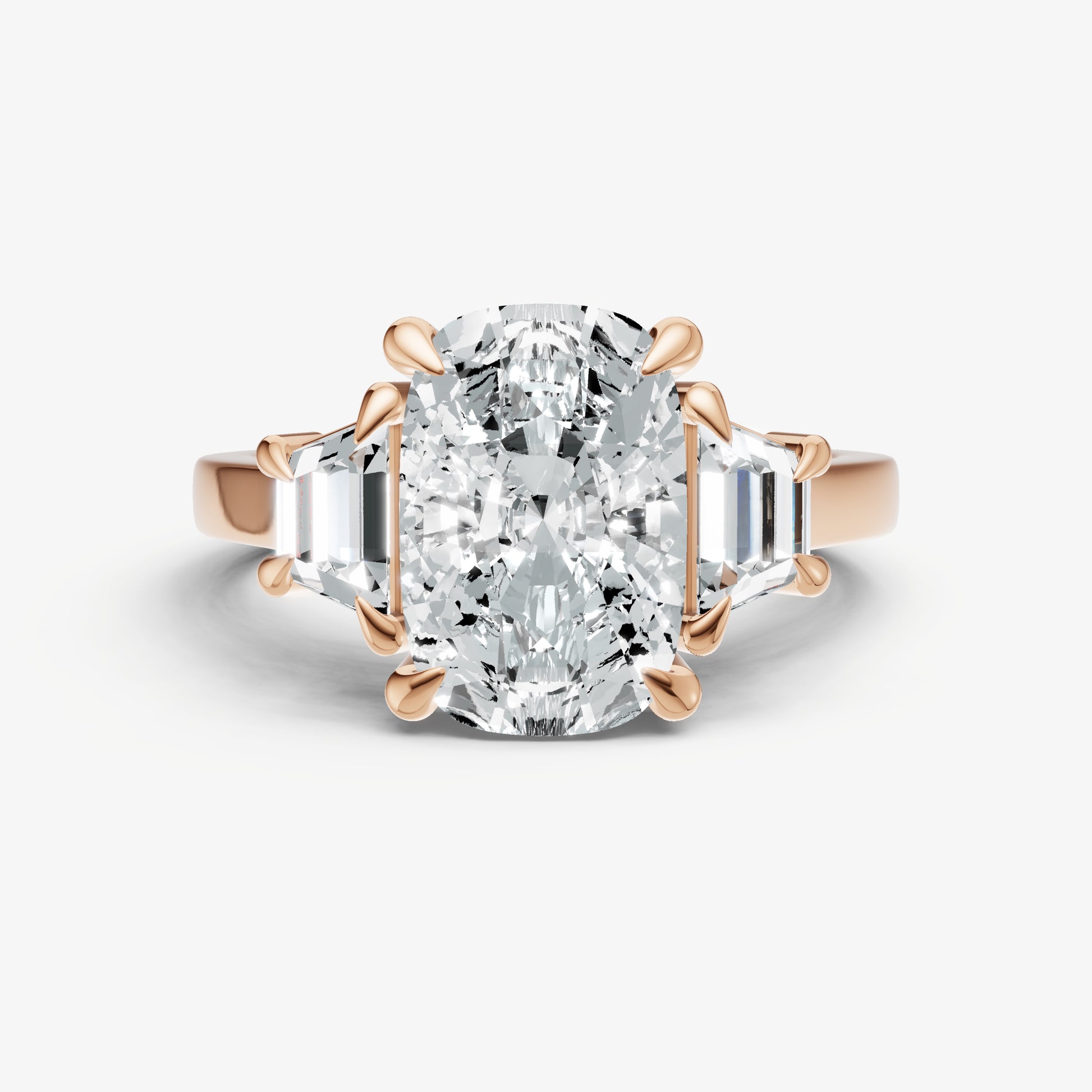 Elongated Cushion Trilogy Engagement Ring Set with Trapezoid Side Diamonds