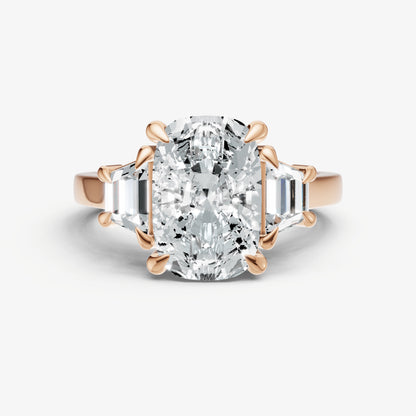 Elongated Cushion Trilogy Engagement Ring Set with Trapezoid Side Diamonds