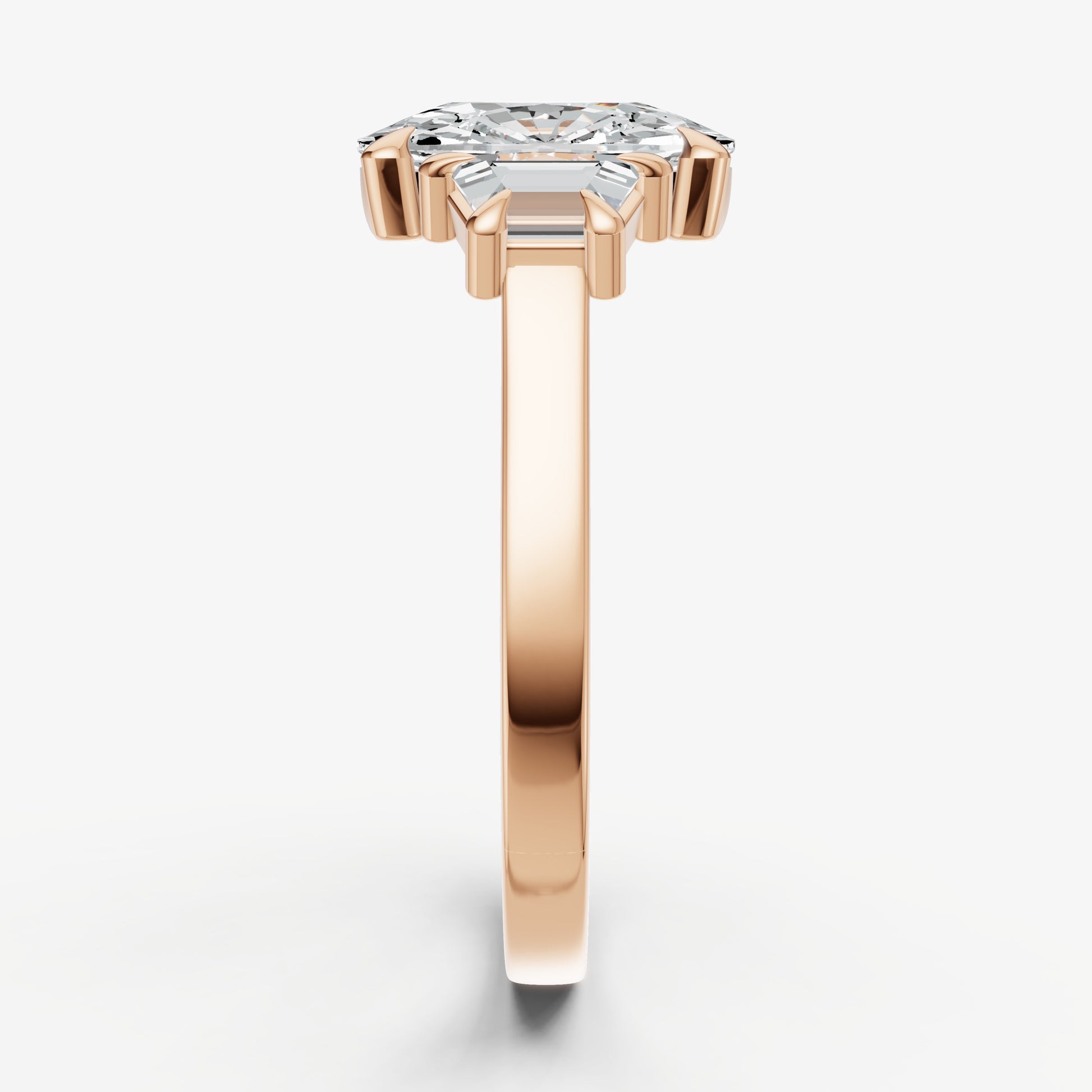 Elongated Cushion Trilogy Engagement Ring Set with Trapezoid Side Diamonds