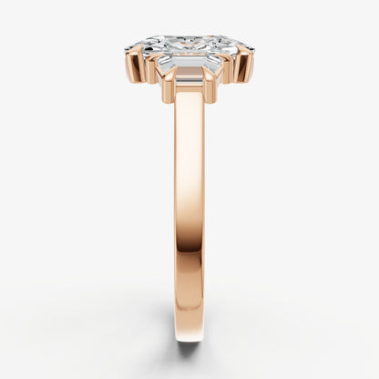 Elongated Cushion Trilogy Engagement Ring Set with Trapezoid Side Diamonds