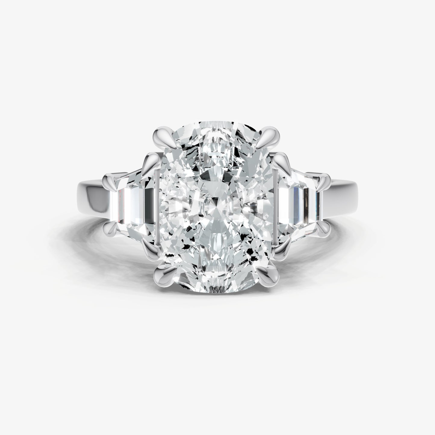Elongated Cushion Trilogy Engagement Ring Set with Trapezoid Side Diamonds
